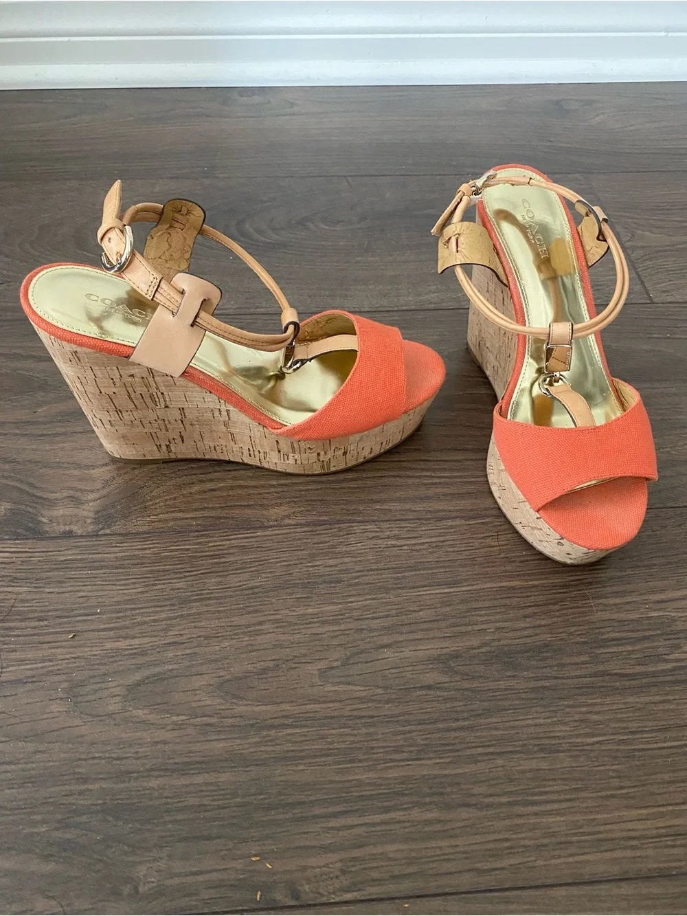 Coach Orange Canvas Cork Wedge Sandals with Tan Leather Straps
